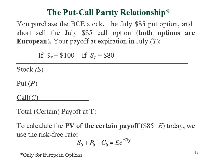 The Put-Call Parity Relationship* You purchase the BCE stock, the July $85 put option,
