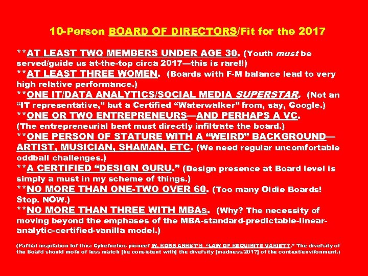 10 -Person BOARD OF DIRECTORS/Fit for the 2017 **AT LEAST TWO MEMBERS UNDER AGE
