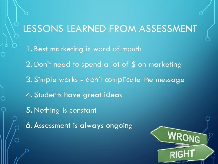 LESSONS LEARNED FROM ASSESSMENT 1. Best marketing is word of mouth 2. Don’t need