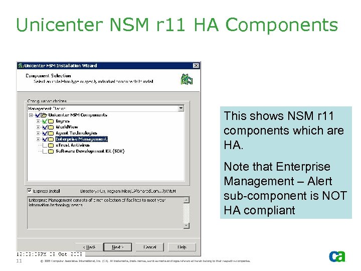 Unicenter NSM r 11 HA Components This shows NSM r 11 components which are