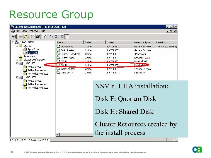 Resource Group NSM r 11 HA installation: Disk F: Quorum Disk H: Shared Disk