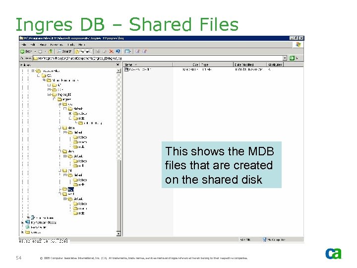 Ingres DB – Shared Files This shows the MDB files that are created on