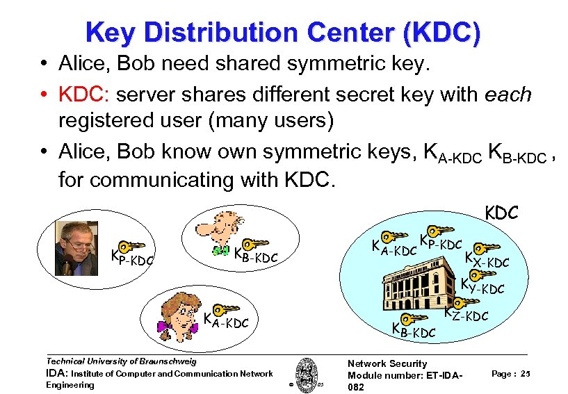 Key Distribution Center (KDC) • Alice, Bob need shared symmetric key. • KDC: server