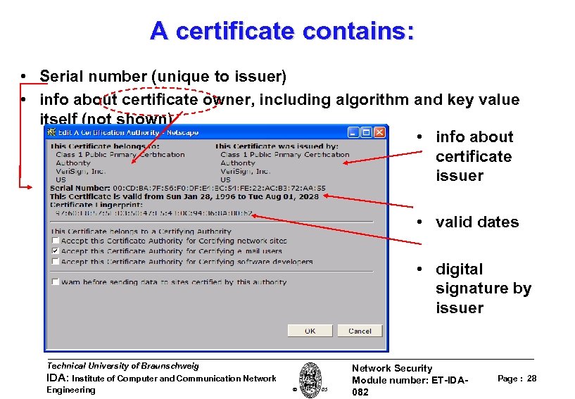 A certificate contains: • Serial number (unique to issuer) • info about certificate owner,