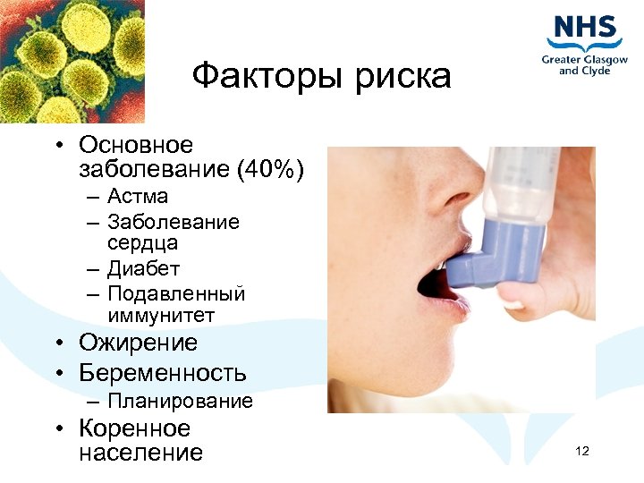 Факторы риска • Основное заболевание (40%) – Астма – Заболевание сердца – Диабет –