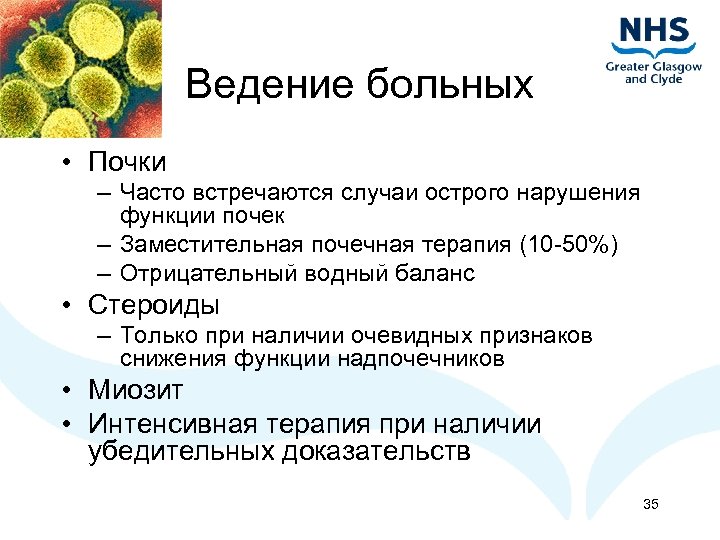 Ведение больных • Почки – Часто встречаются случаи острого нарушения функции почек – Заместительная