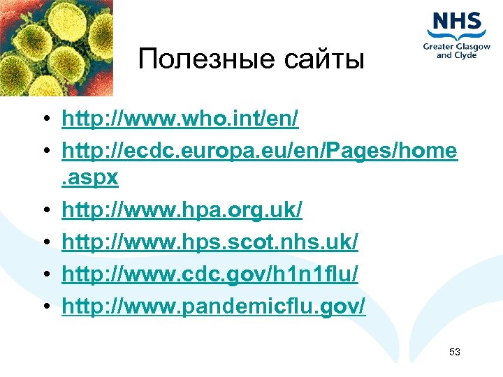 Полезные сайты • http: //www. who. int/en/ • http: //ecdc. europa. eu/en/Pages/home. aspx •