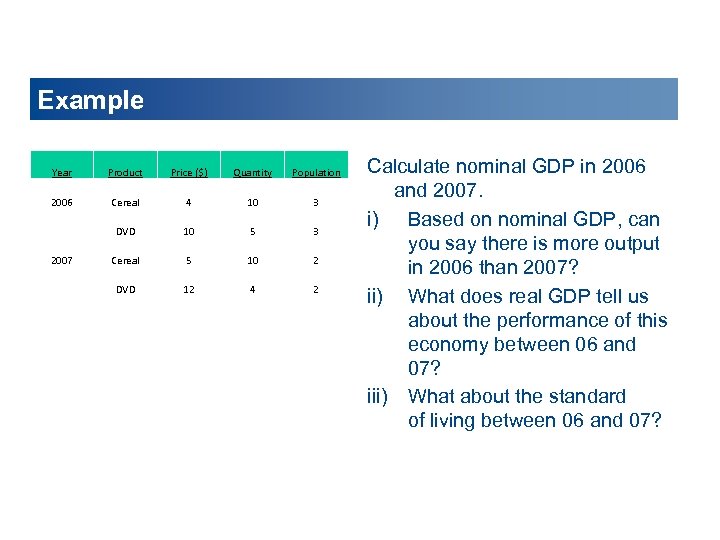 Example Year Product Price ($) Quantity Population 2006 Cereal 4 10 3 DVD 10