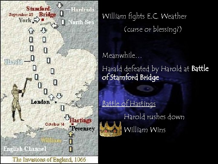 William fights E. C. Weather (curse or blessing? ) Meanwhile… Harald defeated by Harold