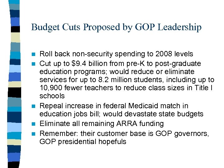 Budget Cuts Proposed by GOP Leadership n n n Roll back non-security spending to