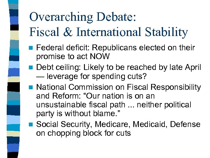 Overarching Debate: Fiscal & International Stability Federal deficit: Republicans elected on their promise to