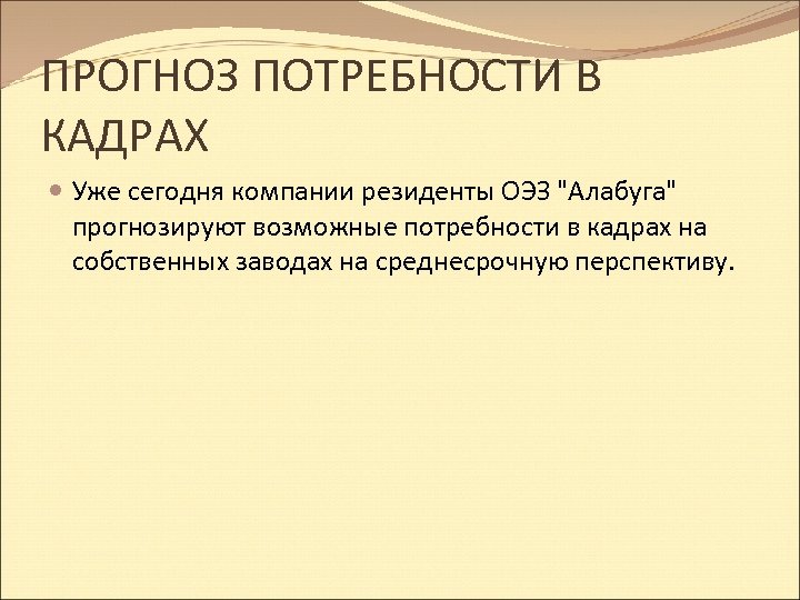 ПРОГНОЗ ПОТРЕБНОСТИ В КАДРАХ Уже сегодня компании резиденты ОЭЗ "Алабуга" прогнозируют возможные потребности в