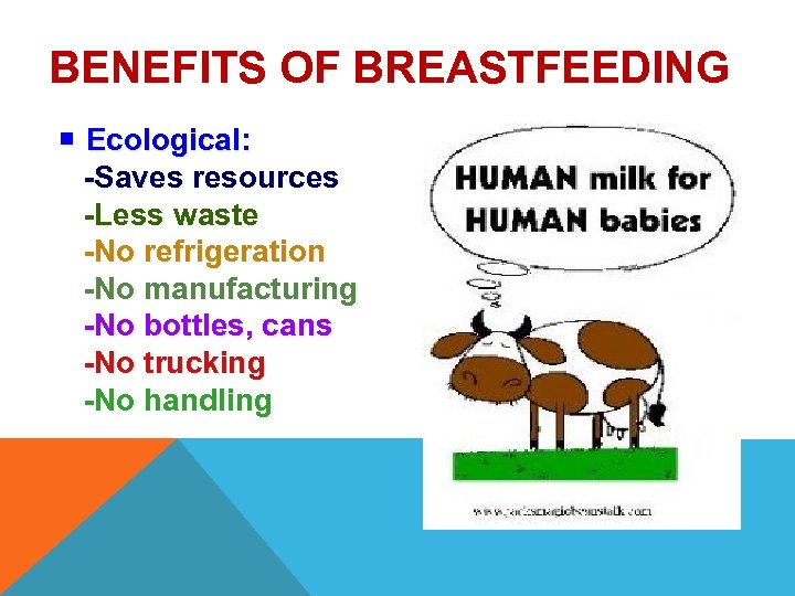 BENEFITS OF BREASTFEEDING Ecological: -Saves resources -Less waste -No refrigeration -No manufacturing -No bottles,