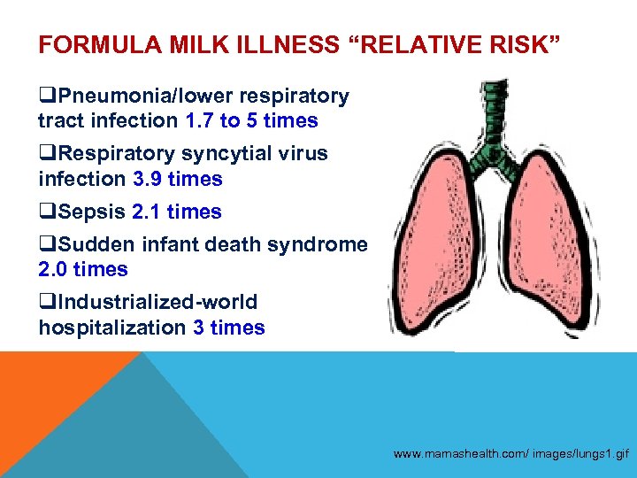 FORMULA MILK ILLNESS “RELATIVE RISK” q. Pneumonia/lower respiratory tract infection 1. 7 to 5