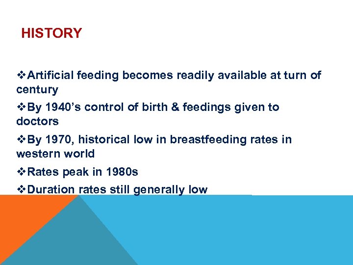 HISTORY v. Artificial feeding becomes readily available at turn of century v. By 1940’s