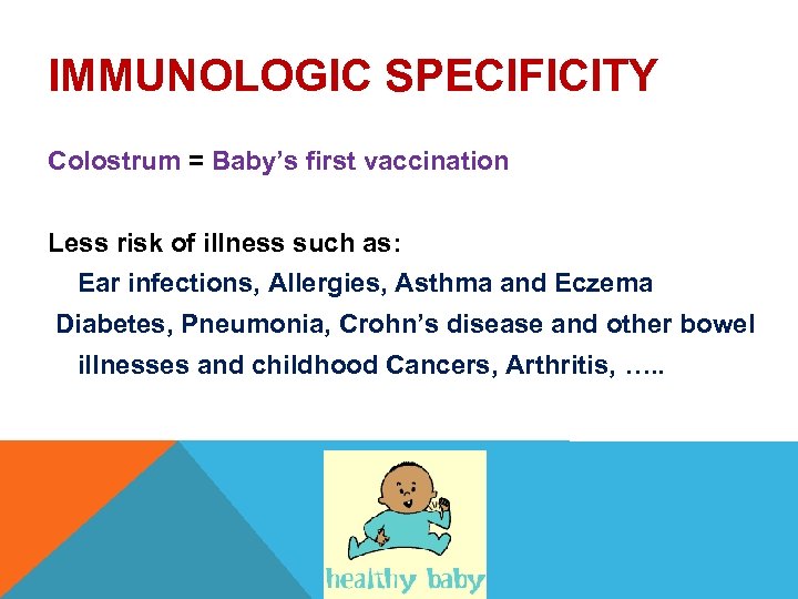 IMMUNOLOGIC SPECIFICITY Colostrum = Baby’s first vaccination Less risk of illness such as: Ear