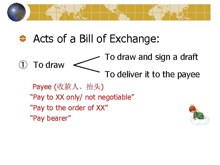Acts of a Bill of Exchange: ① To draw and sign a draft To