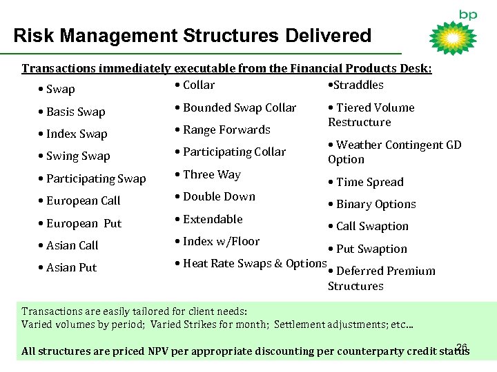Risk Management Structures Delivered Transactions immediately executable from the Financial Products Desk: • Collar