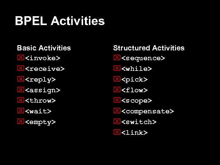 BPEL Activities Basic Activities <invoke> <receive> <reply> <assign> <throw> <wait> <empty> Structured Activities <sequence>