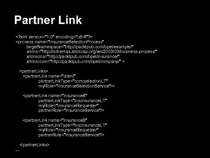 Partner Link <? xml version="1. 0" encoding="utf-8"? > <process name="insurance. Selection. Process" target. Namespace="http: