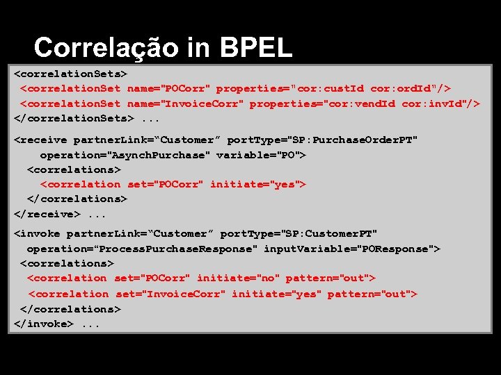 Correlação in BPEL <correlation. Sets> <correlation. Set name="POCorr" properties="cor: cust. Id cor: ord. Id"/>