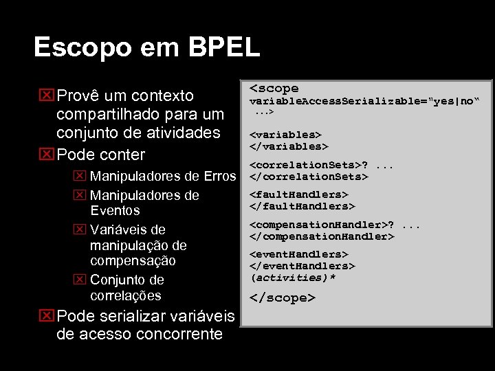 Escopo em BPEL Provê um contexto compartilhado para um conjunto de atividades Pode conter