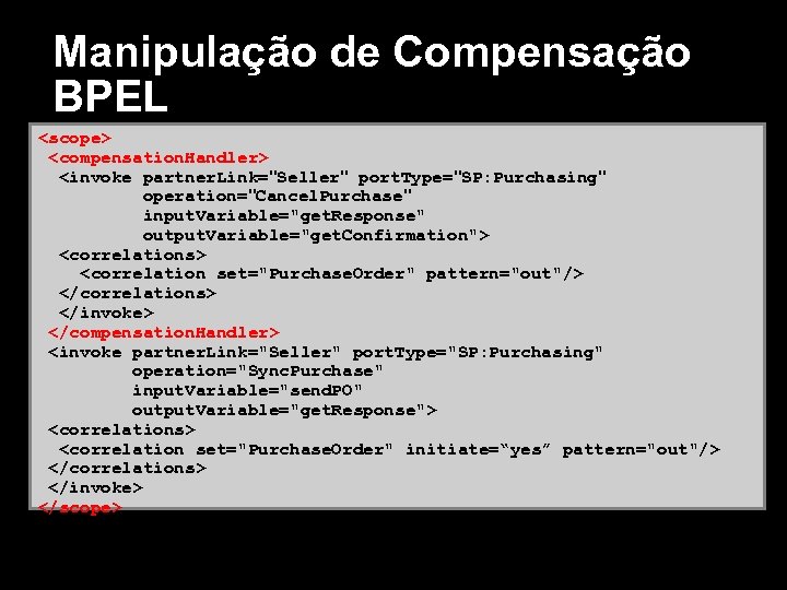 Manipulação de Compensação BPEL <scope> <compensation. Handler> <invoke partner. Link="Seller" port. Type="SP: Purchasing" operation="Cancel.