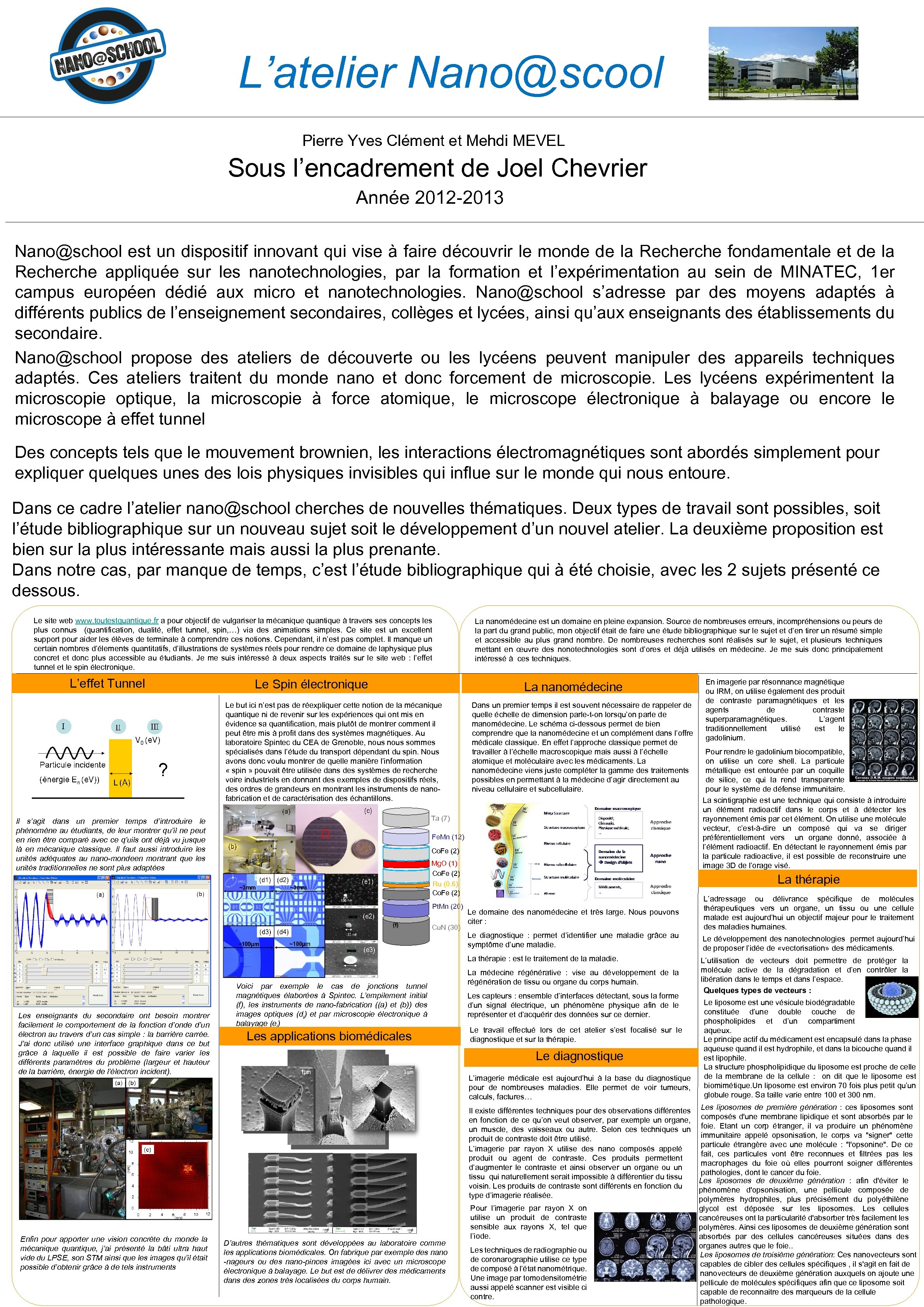 L’atelier Nano@scool Pierre Yves Clément et Mehdi MEVEL Sous l’encadrement de Joel Chevrier Année