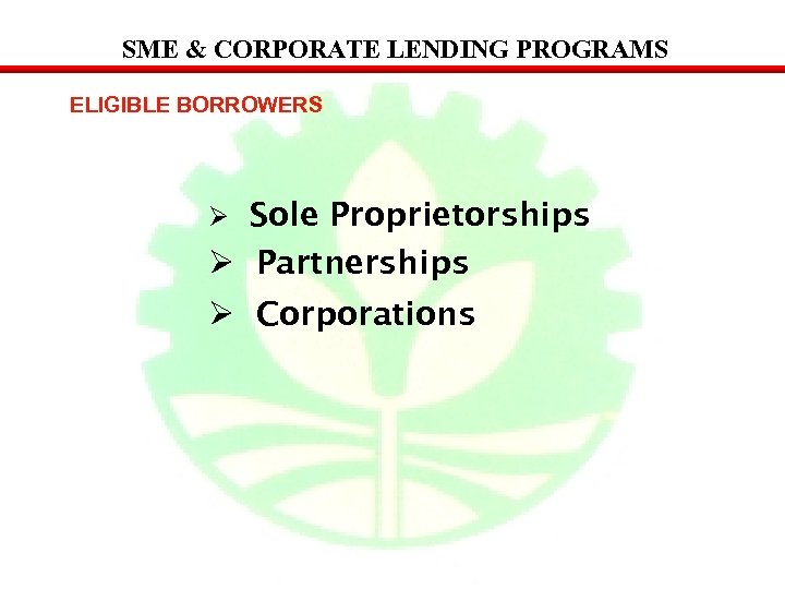 SME & CORPORATE LENDING PROGRAMS ELIGIBLE BORROWERS Sole Proprietorships Ø Partnerships Ø Ø Corporations