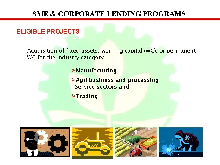 SME & CORPORATE LENDING PROGRAMS ELIGIBLE PROJECTS Acquisition of fixed assets, working capital (WC),