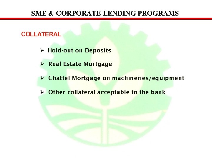 SME & CORPORATE LENDING PROGRAMS COLLATERAL Ø Hold-out on Deposits Ø Real Estate Mortgage