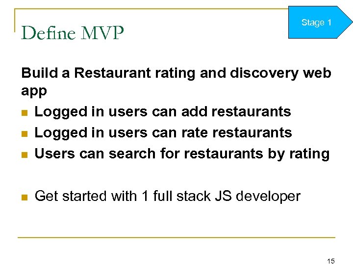 Define MVP Stage 1 Build a Restaurant rating and discovery web app n Logged