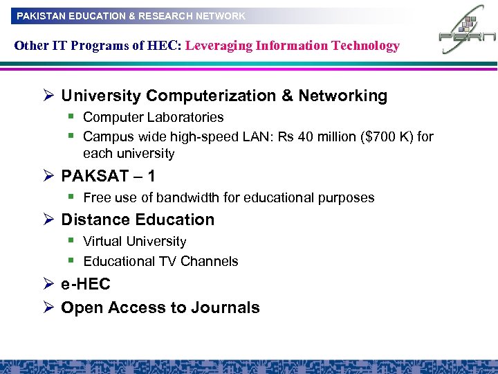 PAKISTAN EDUCATION & RESEARCH NETWORK Other IT Programs of HEC: Leveraging Information Technology Ø