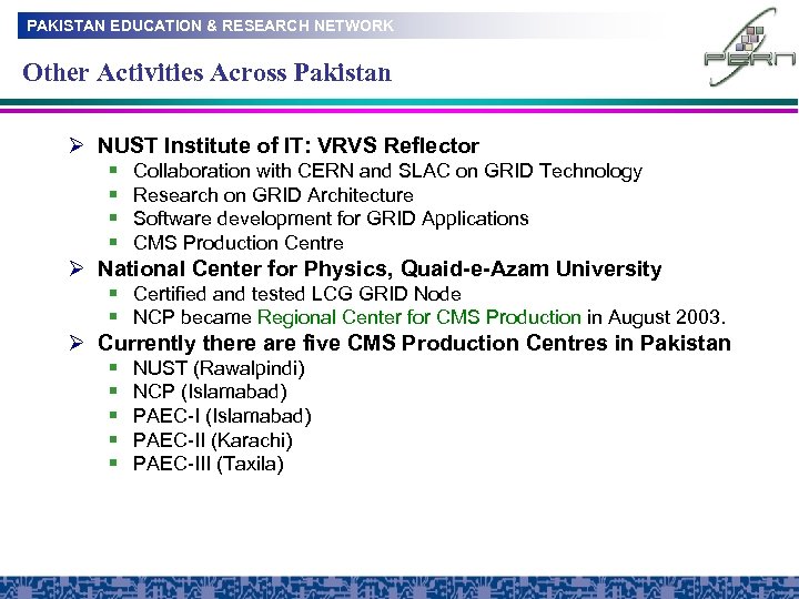 PAKISTAN EDUCATION & RESEARCH NETWORK Other Activities Across Pakistan Ø NUST Institute of IT: