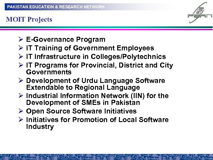 PAKISTAN EDUCATION & RESEARCH NETWORK MOIT Projects Ø Ø Ø Ø E-Governance Program IT