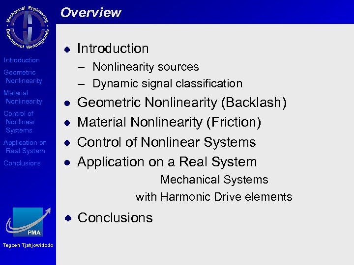 Overview Introduction Geometric Nonlinearity Material Nonlinearity Control of Nonlinear Systems Application on Real System