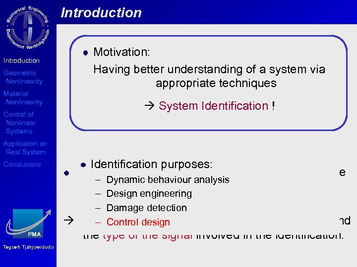 Introduction Geometric Nonlinearity Material Nonlinearity Control of Nonlinear Systems Motivation: Having better understanding of