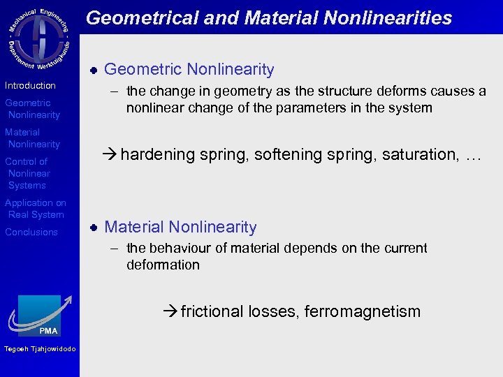 Geometrical and Material Nonlinearities Geometric Nonlinearity Introduction Geometric Nonlinearity Material Nonlinearity Control of Nonlinear