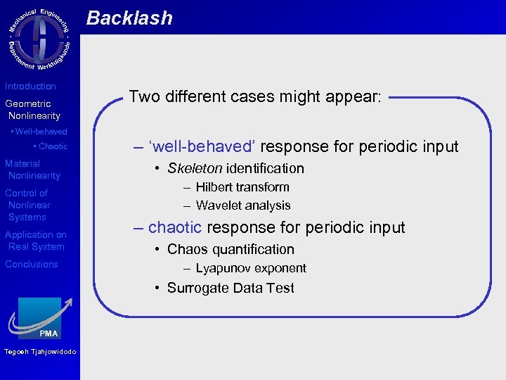 Backlash Introduction Geometric Nonlinearity Two different cases might appear: • Well-behaved • Chaotic Material