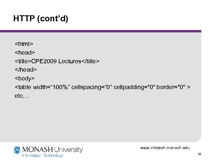 HTTP (cont’d) <html> <head> <title>CPE 2009 Lectures</title> </head> <body> <table width=“ 100%” cellspacing=“ 0“