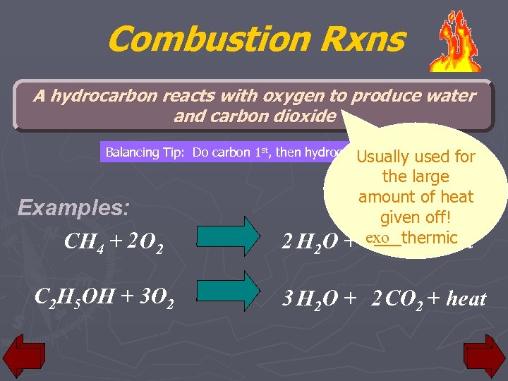 Combustion Rxns A hydrocarbon reacts with oxygen to produce water and carbon dioxide Balancing