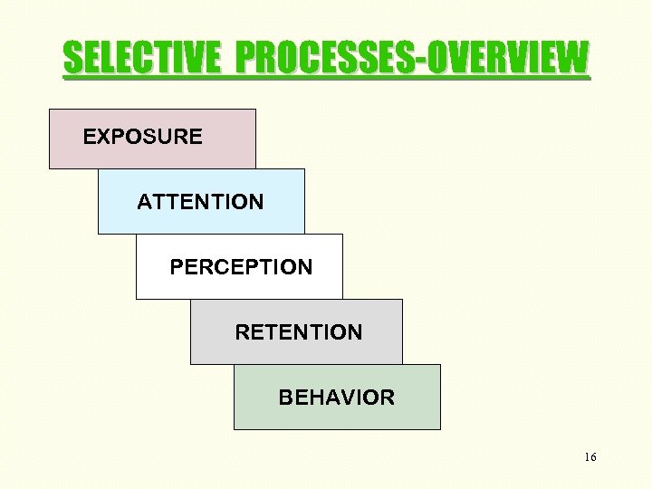 SELECTIVE PROCESSES-OVERVIEW EXPOSURE ATTENTION PERCEPTION RETENTION BEHAVIOR 16 