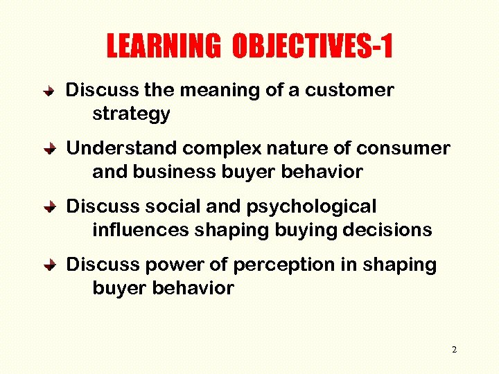 LEARNING OBJECTIVES-1 Discuss the meaning of a customer strategy Understand complex nature of consumer