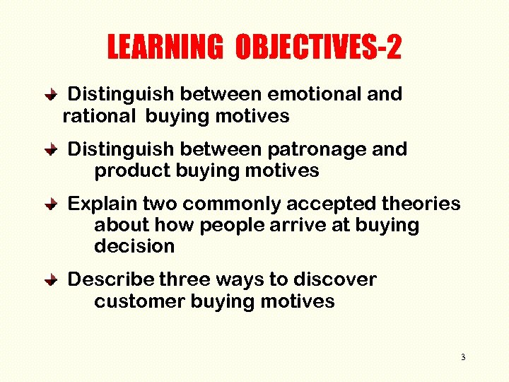 LEARNING OBJECTIVES-2 Distinguish between emotional and rational buying motives Distinguish between patronage and product