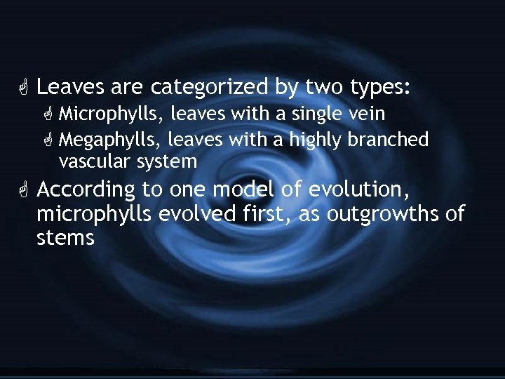 G Leaves are categorized by two types: G Microphylls, leaves with a single vein