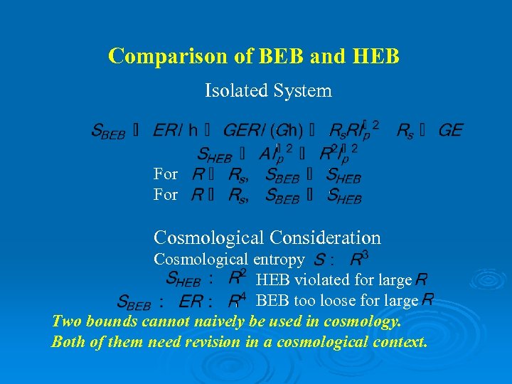 Comparison of BEB and HEB Isolated System For Cosmological Consideration Cosmological entropy HEB violated