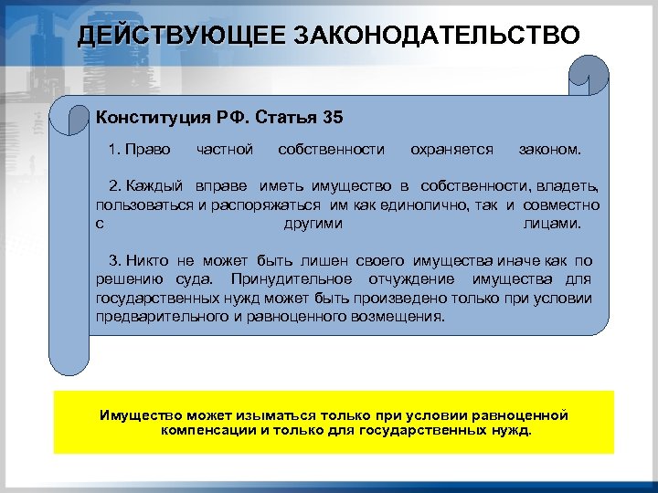 ДЕЙСТВУЮЩЕЕ ЗАКОНОДАТЕЛЬСТВО Конституция РФ. Статья 35 1. Право частной собственности охраняется законом. 2. Каждый