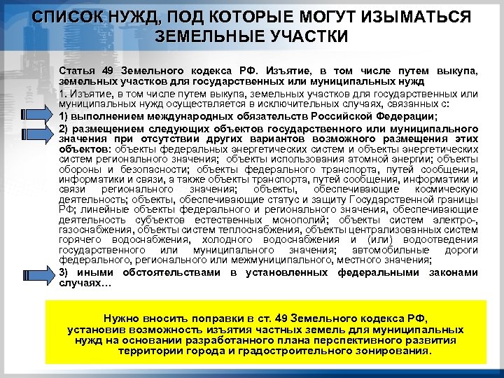 СПИСОК НУЖД, ПОД КОТОРЫЕ МОГУТ ИЗЫМАТЬСЯ ЗЕМЕЛЬНЫЕ УЧАСТКИ Статья 49 Земельного кодекса РФ. Изъятие,