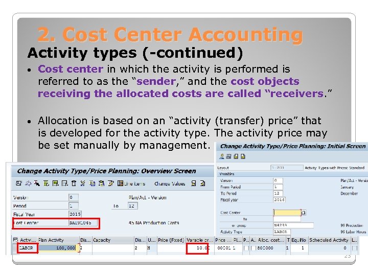 2. Cost Center Accounting Activity types (-continued) • Cost center in which the activity