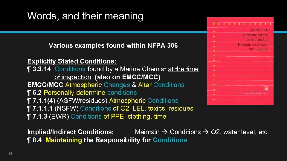 Words, and their meaning Various examples found within NFPA 306 Explicitly Stated Conditions: ¶